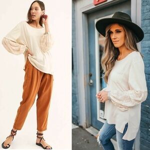 FREE PEOPLE Ivory Patchwork Balloon Sleeve Jade Oversized Top Small Boho
